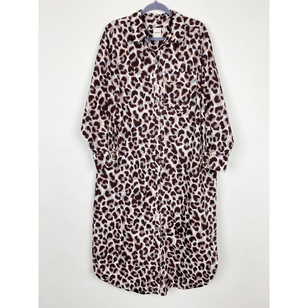 Maeve Anthropologie Leopard Print Button Down Shirt Dress Womens 1X Brown White